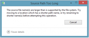 Source path too long - The source file name(s) are larger than is supported by the file system. Try moving to a location which has a shorter path name, or try renaming to shorter name(s) before attempting this operation.