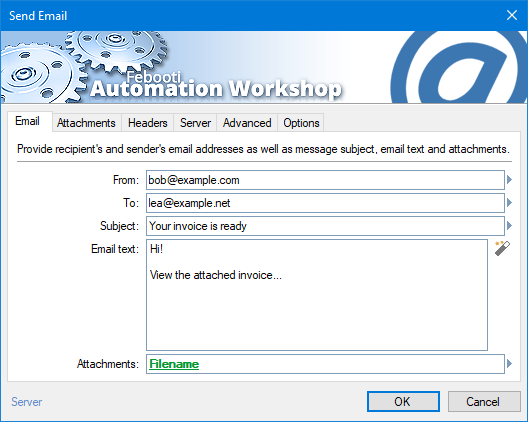 Screenshot: Automation Workshop Send Email Action