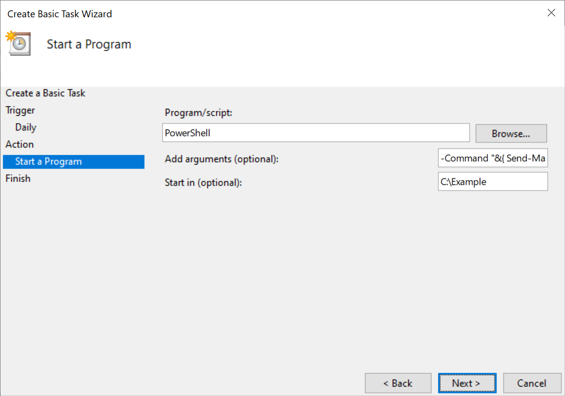 Screenshot: Start a program from Windows Task Scheduler with arguments